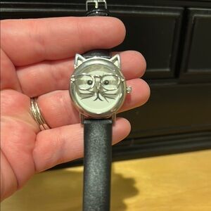 Cat-Themed Black and Silver Watch, needs battery